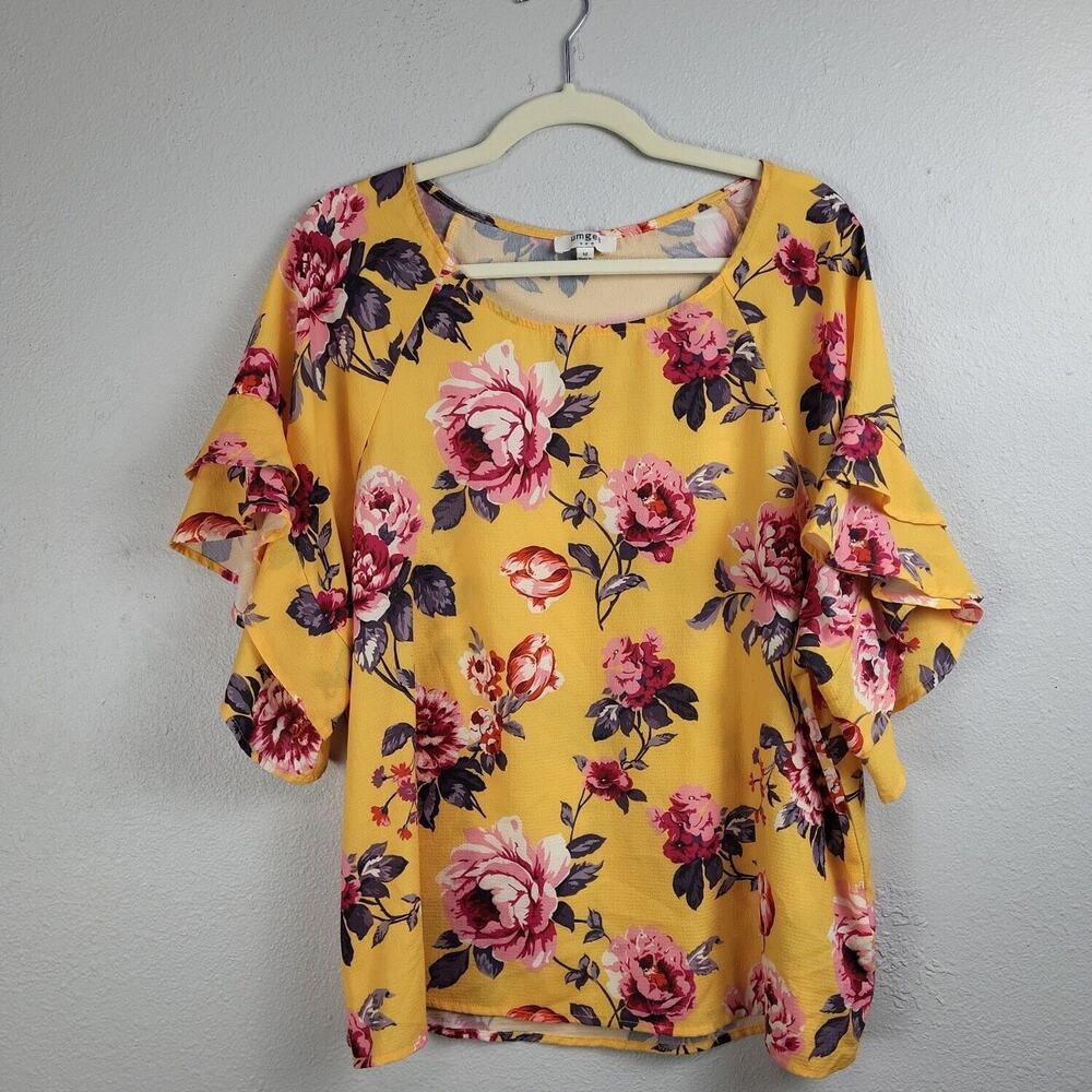 Umgee Womens Yellow Floral Ruffled Sleeve Round Neck‎ Pullover Blouse Top Size M